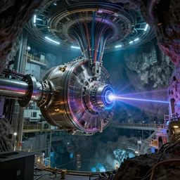 « epic establishing shot of huge machine looking like lhc particle accelerator, inside a huge laboratory hangar buried underground, international secret scientific research center, the machine is fixed on the hangar ceiling and is ended by a laser, many cables and pipes are going from the machine's ceiling attach to the deepest part of the cave, ultra realistic, ultra detailed, photorealistic, lighted with neon and godrays, ridley scott still frame »