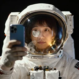 historical portrait of space astronaut taking a selfie, holds a smart phone in one hand, phone!! held up to visor, reflection of phone in visor, moon, extreme close shot, soft light, golden glow, award winning photo by michal karcz and yoshitaka amano