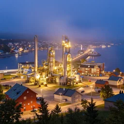 An industrial plaza in Porsgrunn, night, misty, HDR