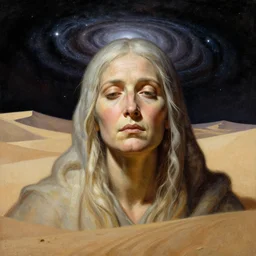 solitude of wise old beautiful face woman Desert Spirit, under galactic quarrel mythological resolution, in the style of Frank Frazetta, Jeff Easley, Caravaggio, extremely clear and coherent, clear lines, 8K revolution