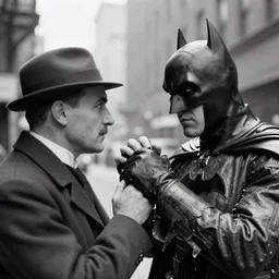a close - up old black and white photo, 1 9 1 3, depicting batman fighting a mafia boss in an ally of new york city, rule of thirds, historical record