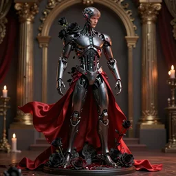 full-body cyberpunk style sculpture of a young handsome dark god of battle, half android with a head opening exposing circuitry, glowing red eyes, black roses,  flowing blood-red colored silk, fabric, candles. baroque elements, genetically augmented cyborg male. full-length view. baroque element. intricate artwork by caravaggio. Trending on artstation, octane render, cinematic lighting from the right, hyper realism, octane render, 8k, depth of field, 3D