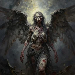 portrait oil painting, an decaying rotting zombie angel, dark moody atmosphere, ultra realistic, wide angle, intricate details, artifacts, luminous skies, highly detailed, michael cheval, peter mohrbacher, boris vallejo, jessica rossier, oil painting, highly detailed, cinematic lighting