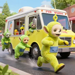 iconic zombie teletubbies, getting run over by an ice cream truck, 3 d octane render, epic composition, amazing detail, zombie teletubbies running away from ice cream truck