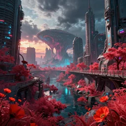 a beautiful hyperdetailed highly detailed city abandoned nature urbex walkway by frederick mccubbin, anime atlantis futuristic azeroth infrared bioshock cloudy night postcyberpunk extraterrestial thermal imaging vice city water neon noir poppy flowers sunset cgsociety, archdaily, wallpaper, highly detailed, trending on artstation.