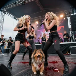 a fight between two gangs of blonde girls at a concert, bloody, sheltie dog crying, wide lens, nordic summer