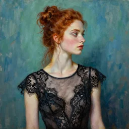 hyperrealism oil painting of a redhead fashion model wearing an evening dress, black transparent lace, messy bun hairstyle, delicate face, looking away, cinematic, intricate details and textures, soft lighting, in front of a blue - green wall, by artgerm, greg rutkowski, alphonse mucha, jeremy lipking, 8 k