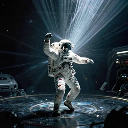 concept art by craig mullins infrared complex and hyperdetailed technical astronaut dancing in futuristic dark and empty spaceship underwater. reflection and dispersion materials. rays and dispersion of light. volumetric light. 5 0 mm, f / 3 2. noise film photo. flash photography. unreal engine 4, octane render. interstellar movie art
