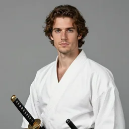 man of average build. Light skin and medium wavy brown hair swept over his ears. Some light stubble on his face. He wears a white yukata and carries a katana. Craig Mullins. Portrait. featured on artstation