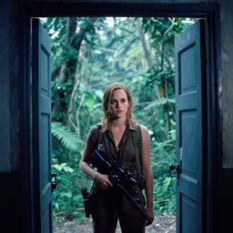 film still, extreme far view, emma watson, jungle, vietnam door gunner, apocalypse now, associated press, 2 6 mm, kodak ektachrome, blue tint expired film,