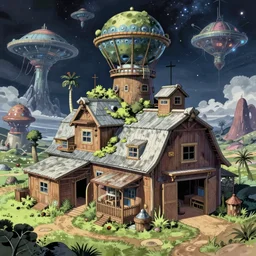 a beautiful detailed anime illustration of housebarn building by richard rogers, atlantis extraterrestial fantasy sci - fi bioshock apocalyptic cosmic, archdaily, wallpaper, highly detailed, trending on artstation.