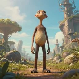 A tall humanoid creature from an alternate universe radiating curiosity and caring, exploring and looking around in an alternate universe, wide angle, vertical orientation