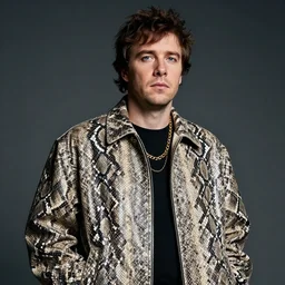 detailed attractive characther portrait of jesse eisenberg wearing oversized snake skin jacket and golden chain, realistic, wide angle, dramatic light 8 k
