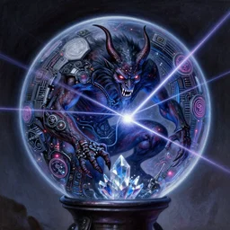 celestial demon trapped in an orb, technology, circuitry, magic, sigils, led lights, crystalline shimmers, laser beams, hatred, airbrush painting, royo,