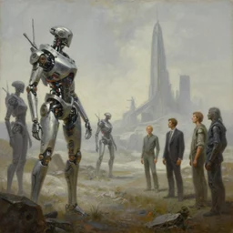 cinematic view of a futuristic landscape from left, futuristic, robotic enhancements, desaturated, tim hildebrandt, wayne barlowe, bruce pennington, donato giancola, larry elmore, oil on canvas, masterpiece, trending on artstation, featured on pixiv, cinematic composition, dramatic, beautiful lighting, sharp, details, hyper - detailed, hd, hdr, 4 k, 8 k