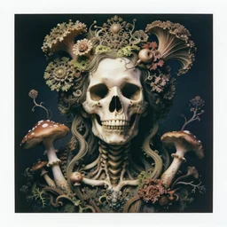 a beautiful detailed front view baroque portrait of a rotten woman corpse becoming almost a skull with fractal plants and fractal flowers and mushrooms growing around, intricate, ornate, volumetric light, beautiful lit, polaroid photography