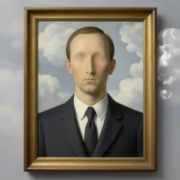 portrait of a faceless mirror - head man in a suit, clouds in the background, by rene magritte, detailed painting, distance, middle centered, hd, hq, high resolution, high detail, 4 k, 8 k