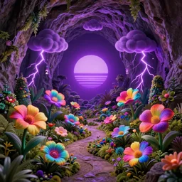 in a cave with a miniature futuristic hyper - realistic garden of rainbow flowers : 4, beautiful neon lights : 6, highly symmetrical, balanced, purple lightning clouds : 3, octane render, violet sun : 2, in the style of sahm : 3, hd, 4 k, ultra - realistic