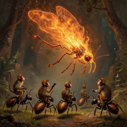 a enormous biomechanical firefly, attacking a 7 monkeys that are riding giant ants, by most renowned artist of the romanticism, hiperrealism,