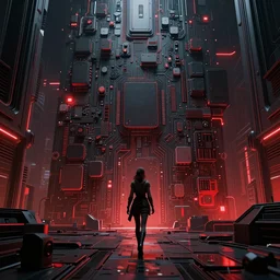 photo of a lone terminator woman walking in a futuristic city in a dystopian future made of electronic components and looks like a giant pcb board. Very detailed 8k. Unreal engine 5 render with nanite, global illumination and path tracing. Cinematic post processing. Emphasize on the colors black and red.