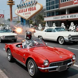 boba fett driving a red 1 9 6 7 stingray convertible down the las vegas strip exchanging fire with stormtroopers in a white cadillac, star wars production art by ralph mcquarrie, 1 9 7 7