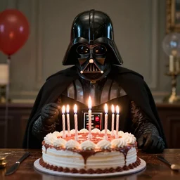 Darth Vader trying to blow the candles on his birthday cake
