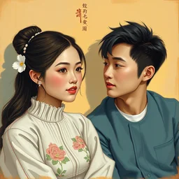portrait of a 🇯🇵 👨 and a 🇨🇵 👩, by wlop