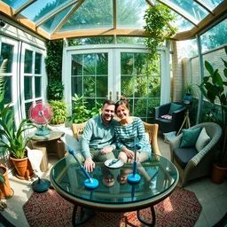 couple sitting in garden room, wide angle, lens distortion, high contrast, cinecolor, soft lighting, multiple table fans placing around them, day light, happy mood
