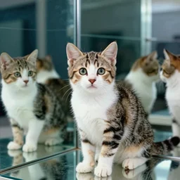 1980s magazine photo of a kitten looking into an infinity mirror