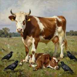 cow standing over dead calf, surrounded by crows, oil Painting by august friedrich schenck