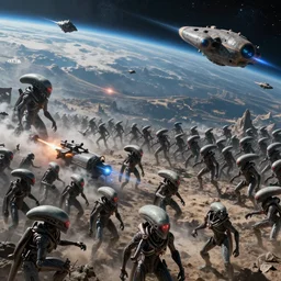 highly detailed space battle between to alien armies