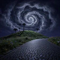 long shot camera angle, night dark, curled perspective digital art of spiral clouds cobblestone street with wildflowers top of a hill with curly palmtrees by anton fadeev from nightmare before christmas