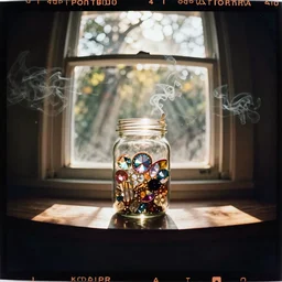 kodak portra 4 0 0, wetplate, extreme fish eye, cigarette smoke, moody still life portrait by britt marling of a single jar filled with sparkling jewels between a sunlit window, in bright warm sunlight, godrays shinging through the window, golden summer, muted colours, haze, trees outside, no people