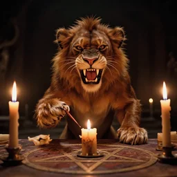 Simba with sharp teeth grinning maniacally, a satanic ritual with candles and a pentagram, movie screenshot directed by David Fincher, and cinematography by Roger Deakins. Shot from a low angle. Cinematic. 24mm lens, 35mm film, Fujifilm Reala, f8