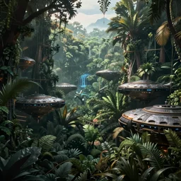 «, dark jungle, far view, unreal engine 5, highly detailed, fantasy, crashed flying saucers »