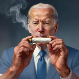 joe biden smoking a rolled marijuana joint, amazing detail, digital art, artstation, only two hands, two arms, human
