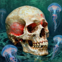 a single skull in the sea by josan gonzalez and dan mumford and greg hildebrandt and donato giancola and raymond swanland and ross tran and william - adolphe bouguereau, glowing red skull, blue jellyfish, green water, highly detailed, high contrast, intricate details, blended palette