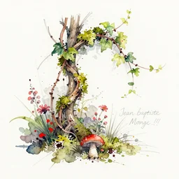 jean - baptiste monge water color on white paper watercolor sketch of vines, moss, flowers, mushrooms hard edges, pencil lines, drips, runs, spatter, details. red chrome. jean - baptiste monge!!!!!