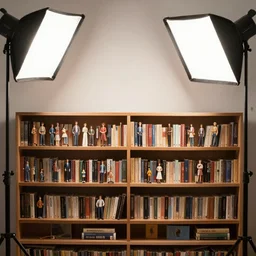 photo still of miniature crowd on bookshelves, 8 k, studio lighting bright ambient lighting key light, 8 5 mm f 1. 8