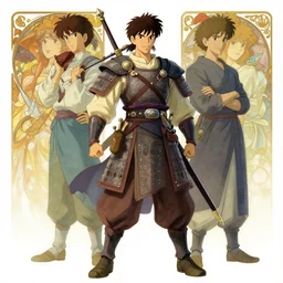 official digital painting artwork of a male warrior character by don bluth, ross tran and studio ghibli + alphonse mucha.
