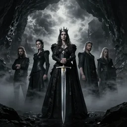 epic portrait cinematic shot an female holding a very large sword and wearing a crown standing in a cave of an giant, cloudy, foggy, storm, night setting. realistic shaded lighting poster by craig mullism, artgerm, jeremy lipkin and michael garmash, unreal engine, radiant light digital art, trending on art station kvlt by peder balke by guido crepax by norman bluhm mystic high contrast monochromatic noir