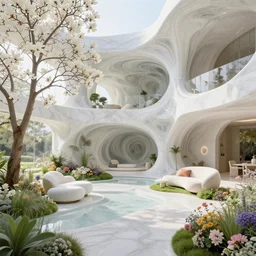 highly detailed villa garden natural beautiful light interior soft cinematic composition of a biophilic marble nebula fluid white magnolias surreal scifi architecture colorful romantic minimalist landscape, furniture, trees, grass, bed of flowers, water, vincent callebaut composition, 8 k, unreal engine, hdr