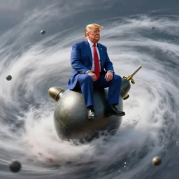 trump sitting on a atom bomb falling into a hurricane, trending on artstation, photorealistic, high resolution, octane, unreal engine, digital,