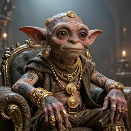 gollum couching in a dungeon proudly wearing lots of gold and jewelry and bling, hip hop style, tattoos, lotr, imax, foggy atmosphere, bokeh, professional studio shot, stylized photo, single image