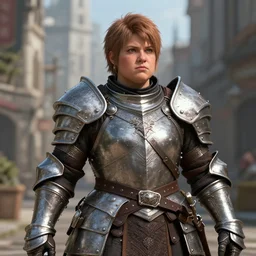 portrait, a female dwarven warrior wearing iron breastplate, dragon age, short and stocky plump figure, big nose, highly detailed, sharp focus, in the city, full rendered, trending on artstation by john willian waterhouse, jeff easley