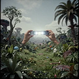 grainy vintage autochrome pinhole-photograph of a double-eclipse viewed from a clearing on a lush surreal alien world, digital art