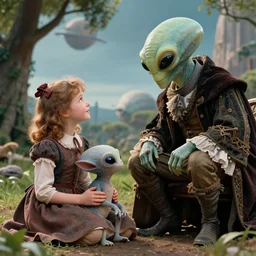 detailed, sharp, a boy and a girl and their cute pet humanoid alien, meeting the alien king, wearing 1850s era clothes, in a park on an alien planet, extremely highly detailed, hyperrealistic, highly detailed faces, 70 mm film still from a period sci fi color movie, 4k