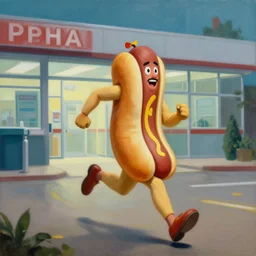 an oil painting of man dressed in a hot dog costume running away from a pharmaceutical company, illustration, cinematic lighting, establishing shot