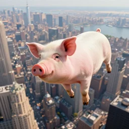 a pig flying above new york