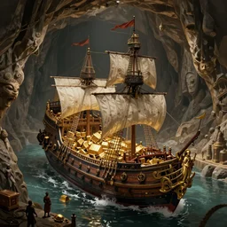 an intricate concept art illustration of an ancient galleon ship with gold treasure hidden inside a cave, fuzichoco color palette, digital art, matte painting, photorealistic movie still, art by ivan talavera and artgerm and dylan cole and feng zhu, hyper realistic, octane render, trending on artstation, cgsociety, epic lighting